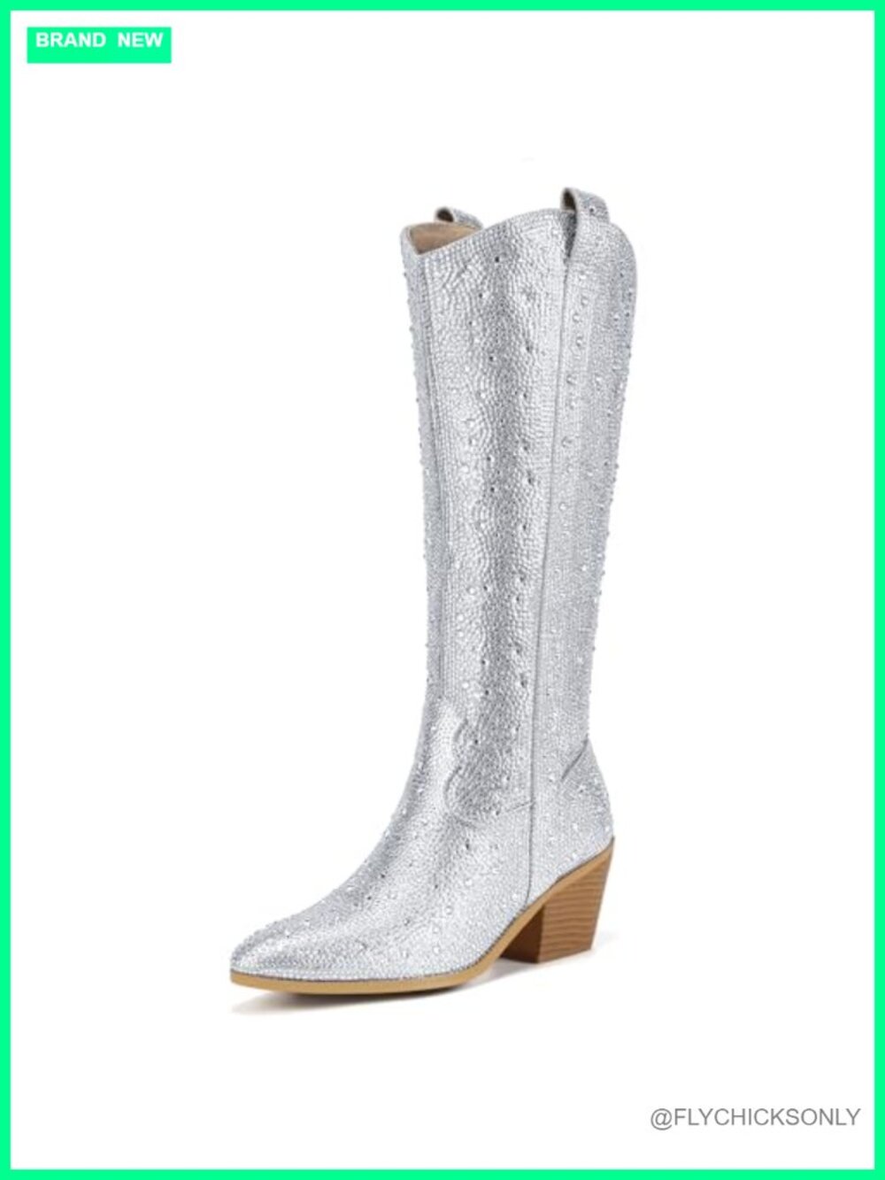 Women's Western Cowboy Knee High Boots Rhinestone Block Heel